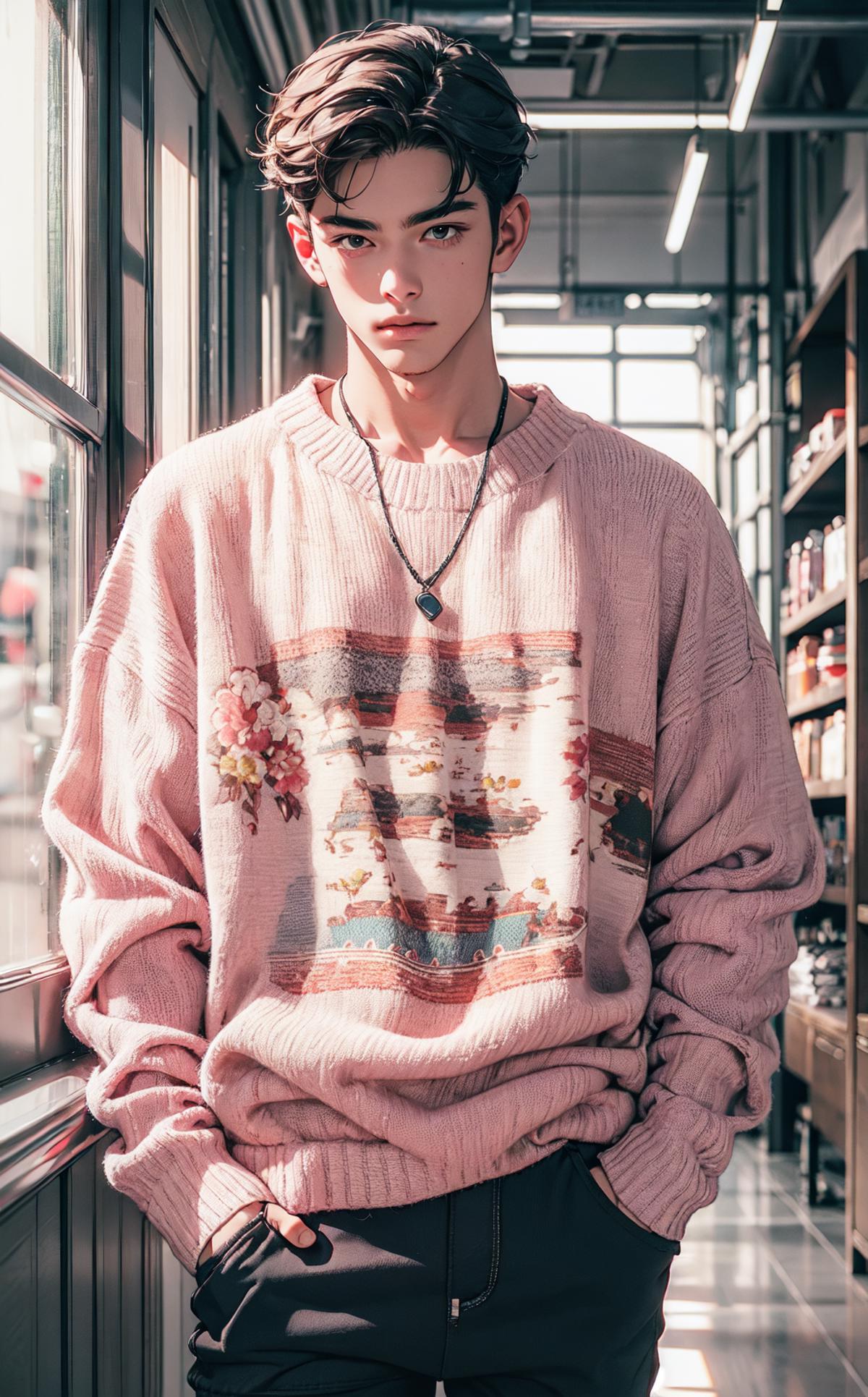 A young man wearing a pink sweater with a necklace stands in front of a bookcase.