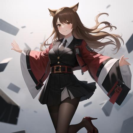 masterpiece,best quality,absurdres,highres,1girl,solo,upper body,animal_ears,cat_ears,long_hair,cat_tail,brown_hair,red_jacket,black_footwear,red_pantyhose,looking_at_viewer,gradient_legwear,brown_eyes,belt,sleeves_past_wrists,open_jacket,medium_breasts,black_skirt,smile,high heels,bangs,long_sleeves,pleated_skirt,white_shirt,wide_sleeves,earrings,collared_shirt,brown_pantyhose,floating_hair,black_necktie,jewelry,black_pantyhose,striped,short_dress,black_jacket,<lora:Skyfire(ark)>,