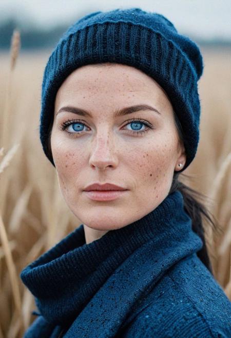 Stunning analog photo of a beautiful 38 years old Dutch woman, sweater, coat, beanie, perfect face, absolute beauty, sexy pose, natural raven black hair, ponytail, blue eyes, freckles, freckles and moles all over body, absolute perfect tits, big tits, soft natural tits, track through tall grass, early morning, misty, soft natural early morning light light, ultra realistic, extremely detailed