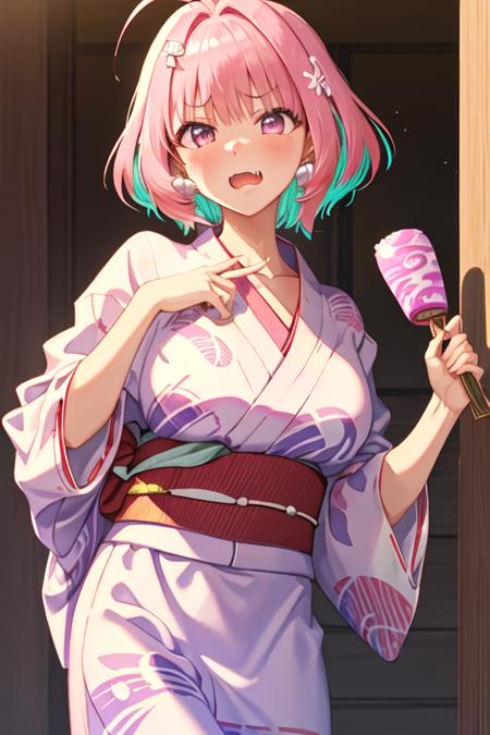 best quality, masterpiece, highres, solo, {yukata:1.40}, {kimono:1.20}, {yumemi_riamu_idolmastercinderellagirls:1.15}, pink_hair, multicolored_hair, two-tone_hair, bangs, blue_hair, pink_eyes, short_hair, ahoge, hair_intakes, blush, breasts, open_mouth, large_breasts, fang, heart, collarbone, jewelry