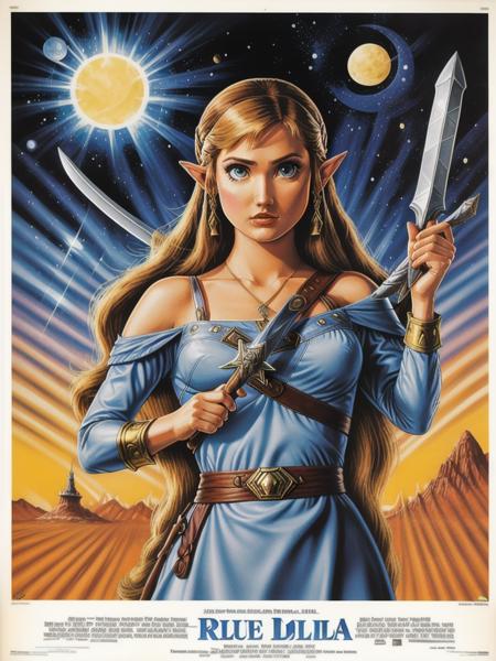 80s movie poster, Princess Zelda, wearing blue dress, with sword, Hyrule background,  high definition, detailed<lora:80s Movie Poster Style v2:1>