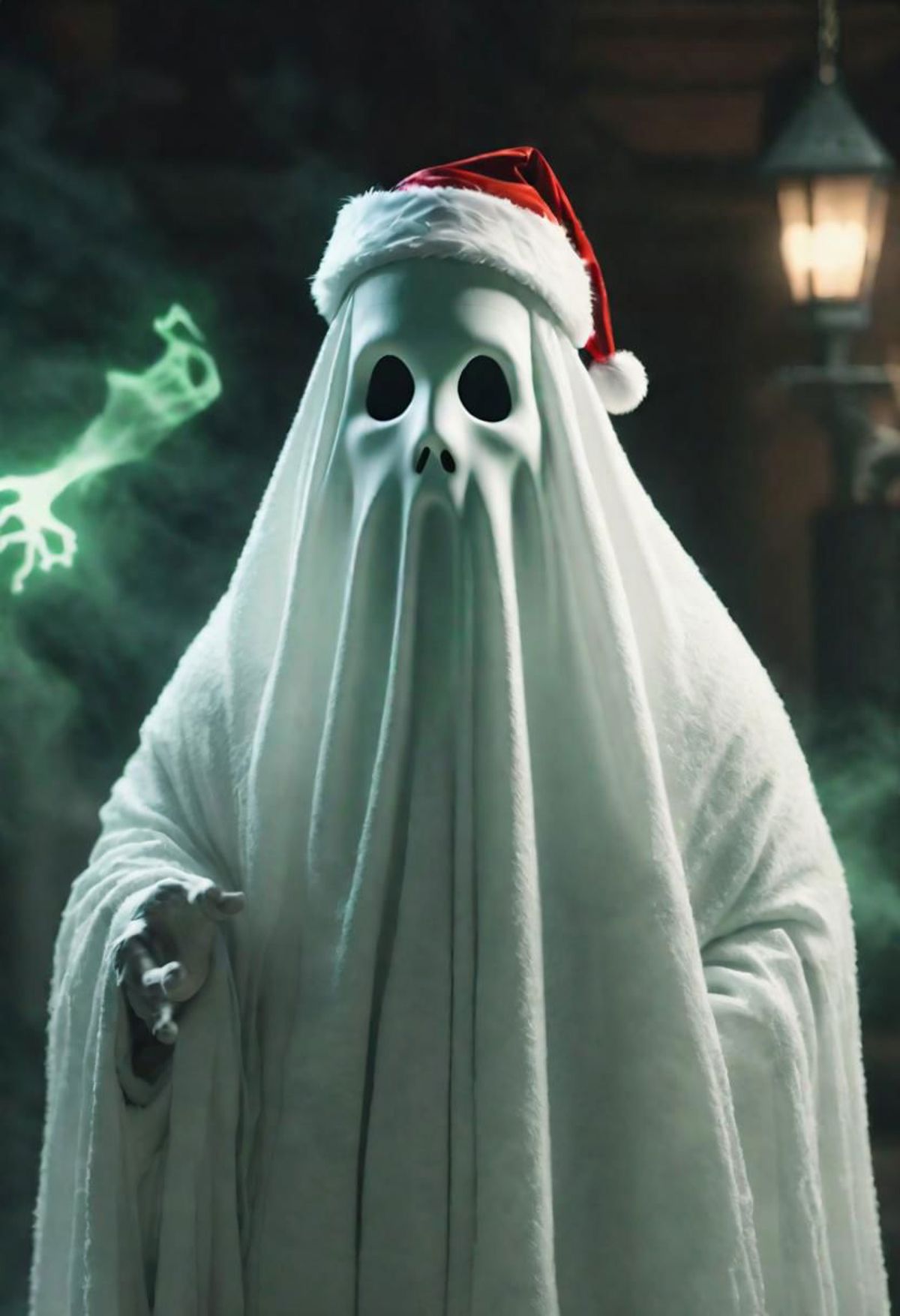 A computer-generated ghost wearing a Santa hat and holding a green lightning bolt.