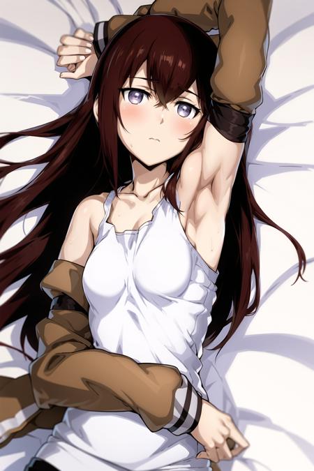 <lora:makiv1:0.7>, 1girl, arm up, armpits, bed, bed sheet, blush, breasts, brown hair, collarbone, hair between eyes, jacket, long hair, looking at viewer, lying, makise kurisu, medium breasts, on back, on bed, pillow, white shirt, solo, sweat, tank top, upper body