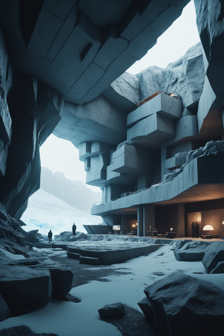 technobrutalist, cinematic color grading, well-lit interior, in a Cluttered Glacial crevasse<lora:EnvyTechnobrutalistXL01:0.5>