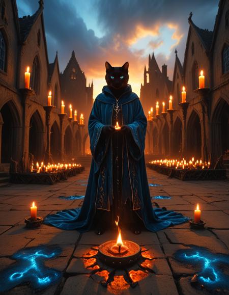 <lora:MW_DEp1xl:0.7> epic outdoor ruin, clouds, warm candlelight, endless rows of melted candles casting long dancing shadows, dusty floor cracked with time, solemn extreme closeup focus on a epic cat magician face in a dark magic robe, blue eyes, glowing whiskers, magic blue fire in its paws, epic flowing black mourning robes, amber dusk light, melancholic, reverent, heavy with lost grandeur, cinematic wide-angle lens, slow, dark medieval fantasy atmosphere, solemn gothic beauty, SE11, intense, lava color, glow, SE14, fire, crumbled ground, fire veins, sunset, blue, orange, yellow, brown, SE12, rich detailed sky, clouds, fantasy, shiny diamonds, bokeh, T5, depth of field, fantasy, green, T8, forest, trees, mist, fantasy, blue, orange, yellow, bokeh, T4, brown, skylights,
