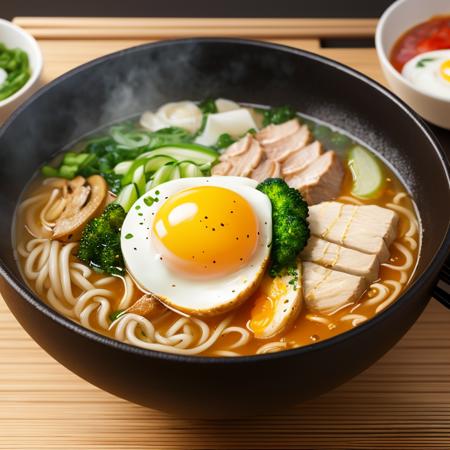 ultra detailed 8k cg,japanese ramen,chopsticks,egg,steam,