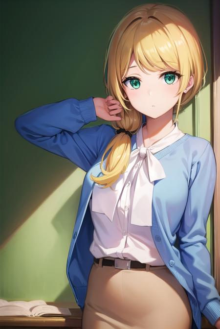 ellenbaker, <lyco:ellenbaker-lyco-nochekaiser:1>,
ellen baker, blonde hair, (green eyes:1.5), long hair, ponytail, scrunchie,
BREAK shirt, white shirt, collared shirt, cardigan, blue cardigan, belt, skirt, brown skirt, pencil skirt,
BREAK indoors, classroom,
BREAK looking at viewer, (cowboy shot:1.5),
BREAK <lyco:GoodHands-beta2:1>, (masterpiece:1.2), best quality, high resolution, unity 8k wallpaper, (illustration:0.8), (beautiful detailed eyes:1.6), extremely detailed face, perfect lighting, extremely detailed CG, (perfect hands, perfect anatomy),