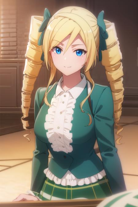 ellismaclaine, <lora:ellis maclaine s2-lora-nochekaiser:1>,
ellis maclaine, long hair, blue eyes, blonde hair, bow, twintails, hair bow, drill hair, twin drills, smile,
BREAK skirt, shirt, long sleeves, white shirt, pantyhose, frills, green skirt, underbust,
BREAK indoors, classroom,
BREAK looking at viewer,
BREAK <lyco:GoodHands-beta2:1>, (masterpiece:1.2), best quality, high resolution, unity 8k wallpaper, (illustration:0.8), (beautiful detailed eyes:1.6), extremely detailed face, perfect lighting, extremely detailed CG, (perfect hands, perfect anatomy),