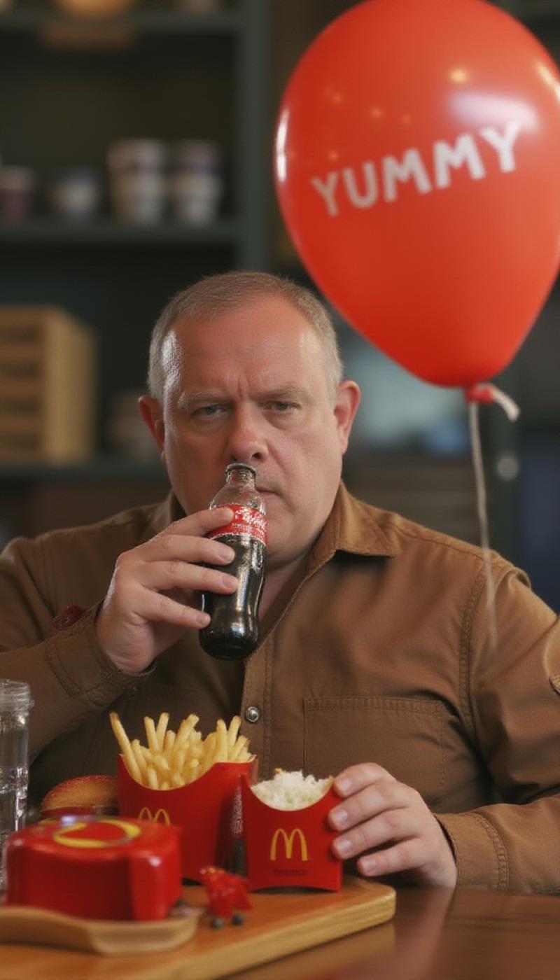 Highest quality photo
Fat middle-aged man drinking Coke and eating McDonald's fries.
speech bubble with the word [YUMMY].