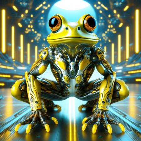 DonMX3n0T3chXL, a cyber frog, masterpiece, best quality, highly detailed, sharp focus, dynamic lighting