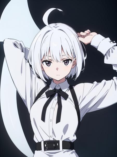 ((masterpiece, best quality)), (1girl), (solo), (female focus), (ahoge, white hair, short hair), black eyes, ((white shirt), (buttoned shirt)), ((black skirt), (short skirt)), standing, white background, arms behind back,