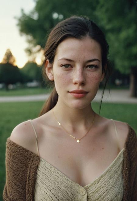 Grainy lowfi desaturated film photograph taken in a city park at dusk. Heavy Bokeh effect with focus on her green eyes, blurry background. A pretty young woman of northern Italian heritage wraps her brown cardigan around her bare shoulders. Goosebumps on a bare exposed shoulder. She wears the cardigan over a little summer sun dress and is chilly as the cool wind blows loose stands off her long black hair in her eyes. Tight ponytail. Fine Delicate thin gold chain necklace. She resembles Liv Tyler. The setting sun casts soft light into her eyes. Full soft cheeks and softer jawline, soft rounder face with the lightest freckles.