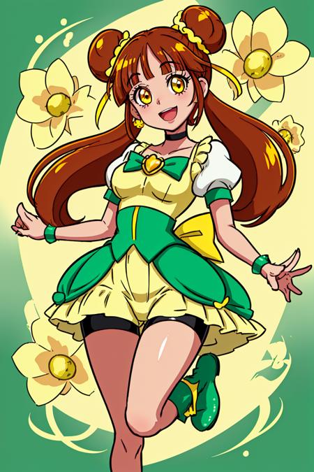 1girl, solo, yotsuba alice, long hair, jewelry, twintails, short sleeves, smile, hair ornament, bike shorts, heart brooch, shorts, hair flower, shiny, shiny hair, brooch, very long hair, green choker, double bun, looking at viewer, earrings, hair bun, choker, brown hair, bow, bangs, yellow eyes, yellow shorts, breasts, open mouth, floating hair, yellow dress, thigh gap, standing, short shorts, flower, standing on one leg, dress, boots, shorts under dress, puffy sleeves, ribbon, shorts under skirt, puffy short sleeves, short dress, skirt, :d, <lora:Prettycure v2:0.6>