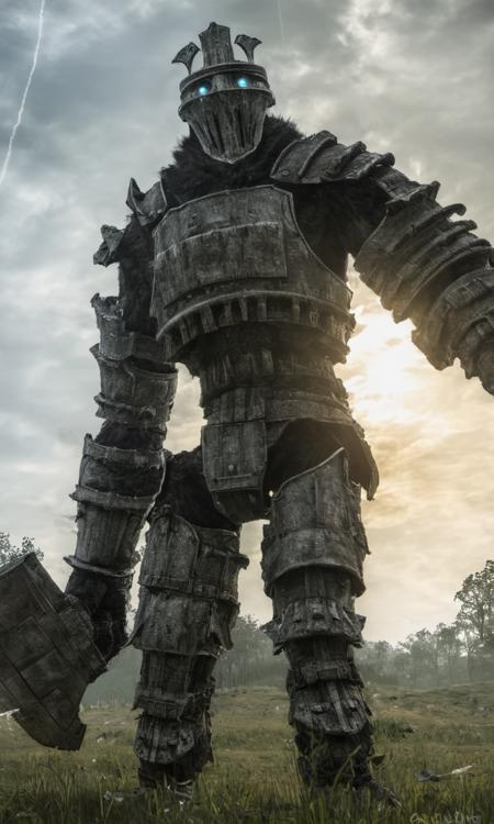 giant knight in the middle of the field,armor,furry,mask, in the ruins,size difference,epic,masterpiece,glowing eyes,cinematic,50nm dof,bokeh,realistic,sharp focus,ultra detailed,128k uhd,awardwinning,trending on artstation,giant,oversized, <lora:shadowofthecolossus-000004:0.8> sotc