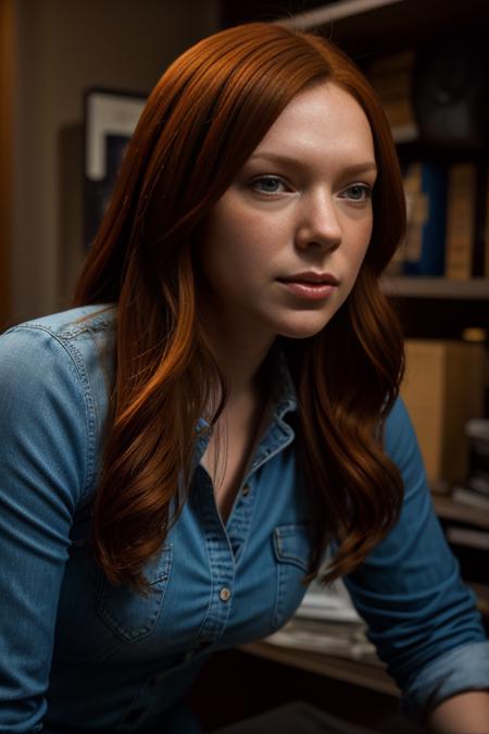 14ur4pr3p0n, red hair, wearing 1970s clothing, surrounded by clutter, basement, vray render, ray tracing, subsurface scattering, by Josan Gonzalez and Liang Mark (upper body shot), (looking at viewer:1.3), (hyper realistic:1.3), (portrait:1.2), highly detailed eyes, (highly detailed skin:1.3), (freckles:0.6), pores, (4k), back lit, rim light, <lora:Laura_Prepon_PMv1_Lora:1.3>,