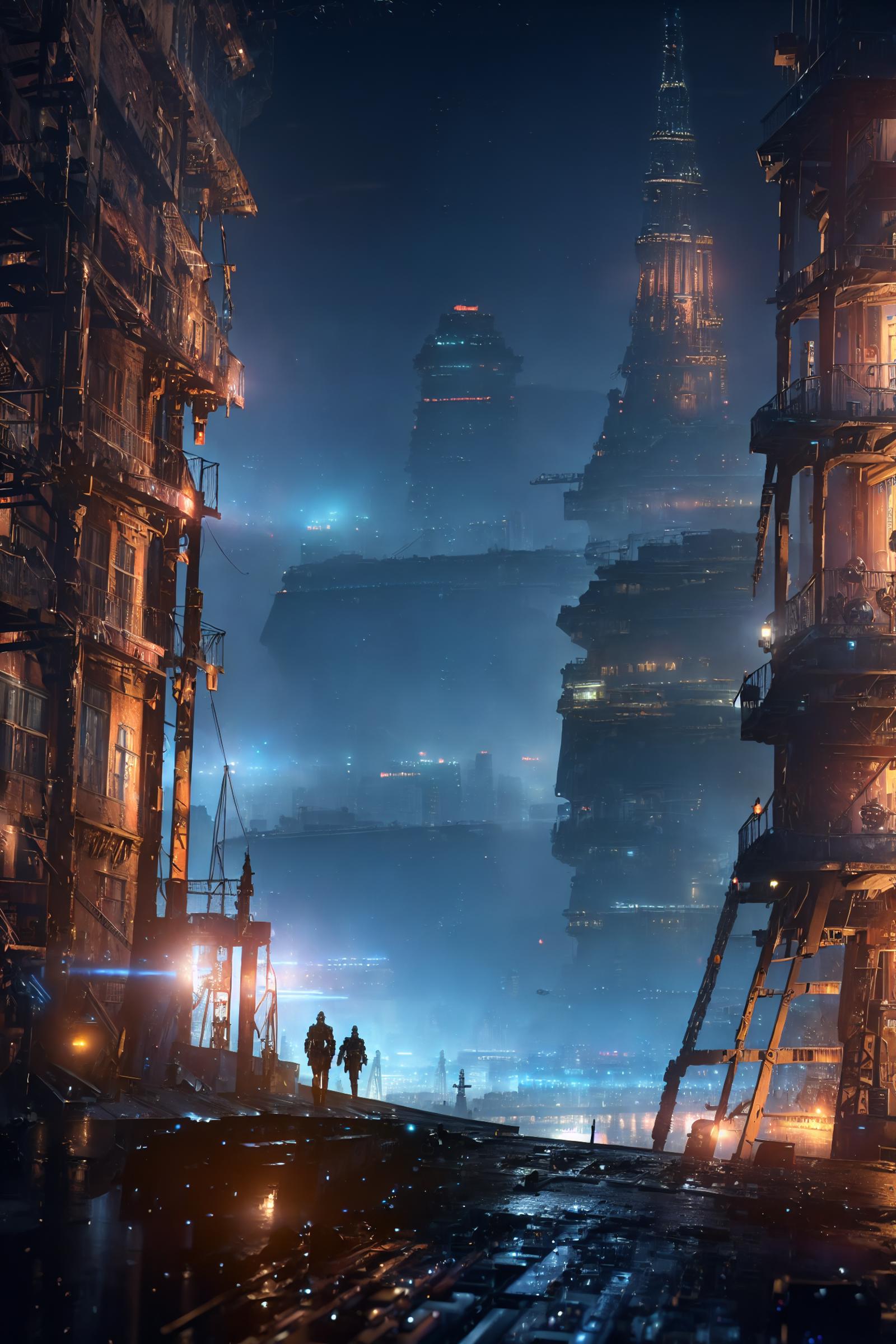 Futuristic Cityscape with Tall Buildings and Two People Walking in the Foggy Night