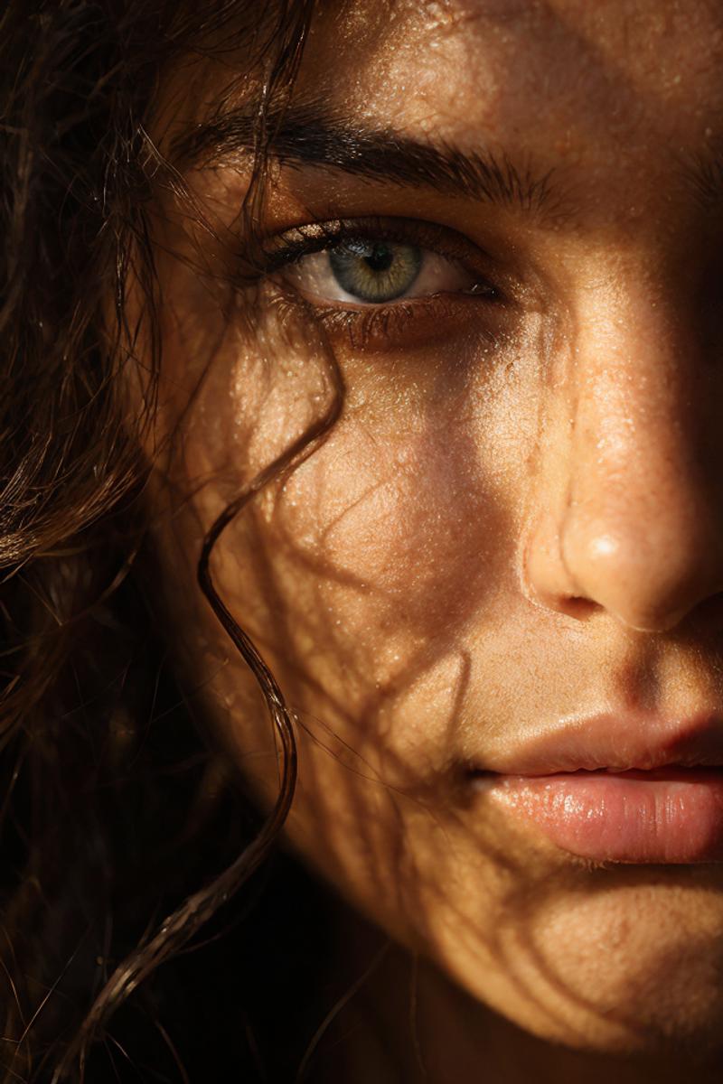 A close up of a woman's face with curly hair and blue eyes.