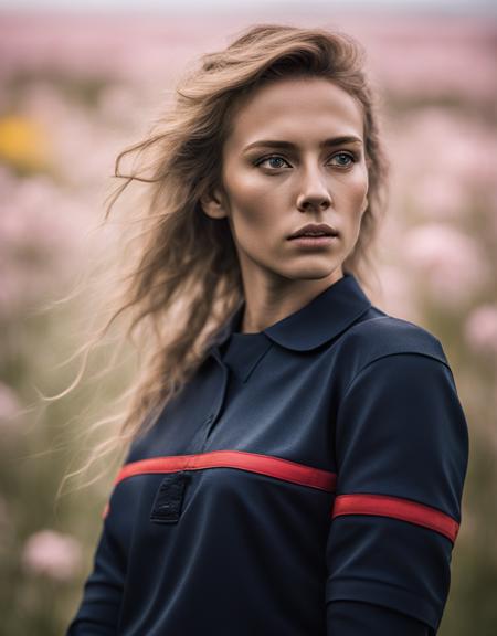 raw photo of a young woman, messy hair, wearing a spf1uniform, spf1polo, (dynamic pose), on a flowery hill, daylight, dynamic shadow, bokeh, sharp focus, by lee jeffries, nikon d850, rich colors ,hyper realistic ,lifelike texture