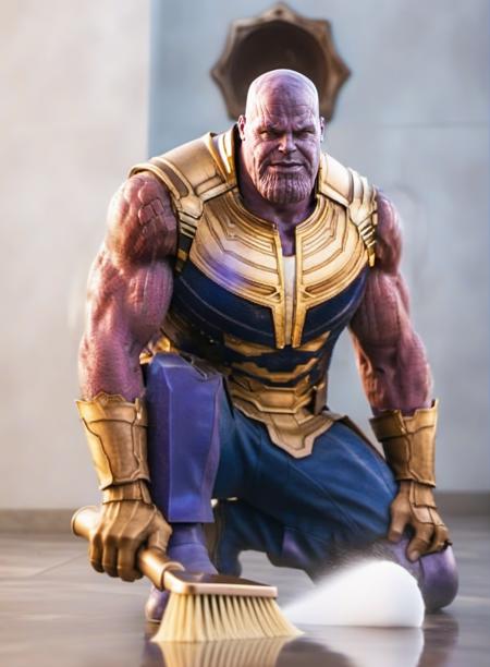 Thanos1024, a man kneeling down on the floor cleaning a floor with a brush and dust shovel in his hand, looking at the floor   <lora:add-detail-xl:1.5>  <lora:Thanos1024-000360:0.8>