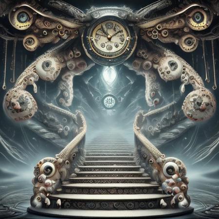 Eyeball Everything mist, stairway to large clockface. dark. big clock at top of stairs.
selective color. Atmospheric. Moody. 
Fantasy style. Fantasy dreamlike art. Swirling watercolor.
illusionix
<lora:illusionix:1>
<lora:add_detail:0.9>
<lora:The_DarkSide_of_the_Earth:0.7>
