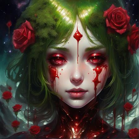 red roses, anime girl with moss And mold around her, detailed portrait, close up, space background behind her, dripping liquid metal leaf's around her, roses flourishing around her, close up of face