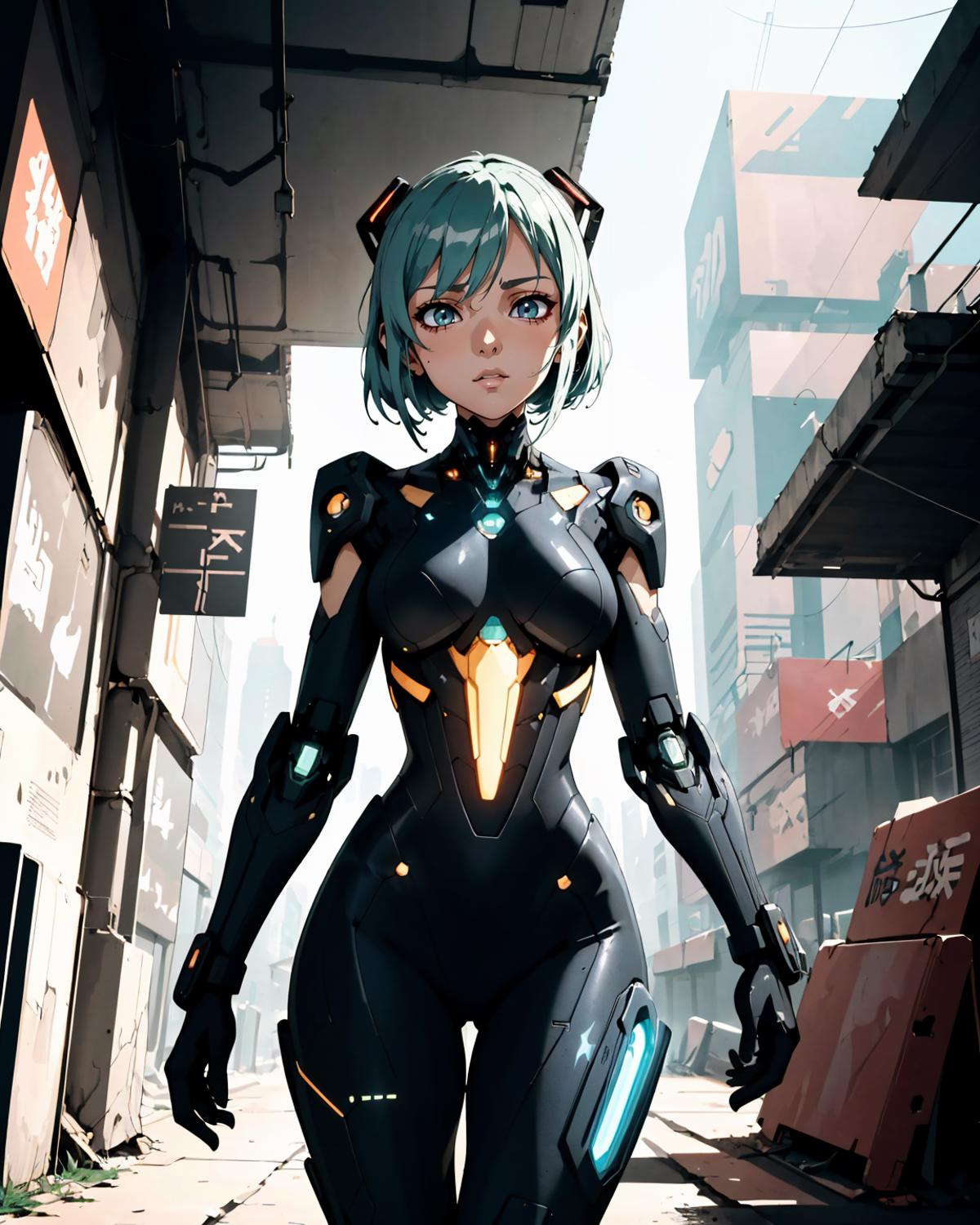A blue-haired woman in a futuristic outfit stands in a city.