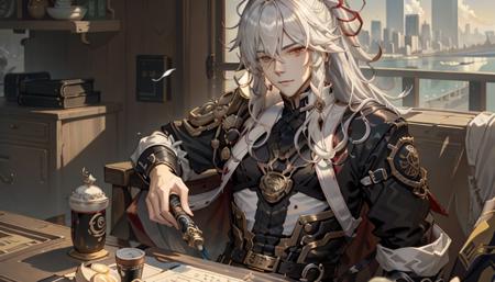 (masterpiece, top quality, best quality, official art, beautiful and aesthetic:1.2), extreme detailed, detailed background, detailed face, Jinyuan, male, manly, ((male_focus)), mature, middle-aged, short_ponytail, bangs, hair_ornament, long_hair, hair_over_shoulder, tied_hair, white_hair,  ((hair_over_one_eye)), white_hair, closed_mouth, smile, strong, tough_guy, sharp face, handsome, Chinese, Relaxed appearance, meticulous, calm, General, Traditional attire, Confident, deep_in_thought, Strategist demeanor, broad shoulder, large volume of hair, (solo), depth of field, yellow_eyes, ahoge, hair_ribbon, 
sunshine, cityscape, cyberpunk, cafe, sitting on sofa, sofa, bird_on_shoulder, birds, huge silver lion sleep in the background
 <lora:Jingyuan_HonkaiStarRail_v1:0.75>