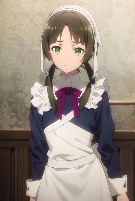 lotte, brown hair, twintails, (green eyes:1.3), low twintails, apron, maid, maid headdress, maid apron,