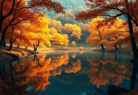Stunningly detailed reflection of golden and orange katsura trees surrounding a natural round lake in autumn, tranquil and enchanting atmosphere, rendered in the art style of Studio Ghibli, magical lighting, immersive depth