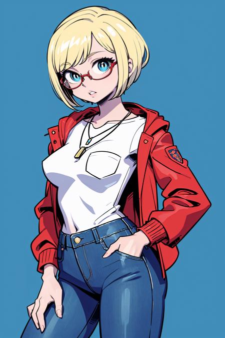 (masterpiece, best quality:1.2), <lora:sunafukitabito:.95>, sunafukitabito, 1girl, solo, pants, denim, jeans, blue eyes, short hair, necklace, glasses, breasts, jacket, blonde hair, parted lips, hand in pocket, shirt, white shirt, blue pants, looking at viewer, pocket, red background,