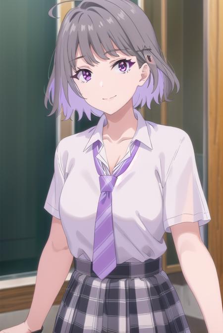 akaritanikita, <lora:akari tanikita s1-lora-nochekaiser:1>,
akari tanikita, short hair, bangs, (purple eyes:1.1), grey hair, multicolored hair, ahoge, smile,
BREAK skirt, shirt, school uniform, white shirt, short sleeves, pleated skirt, necktie, shoes, choker, socks, striped, collared shirt, black footwear, blue skirt, plaid, black choker, plaid skirt, black socks, sneakers, purple skirt, shirt tucked in, striped necktie, purple necktie,
BREAK indoors, classroom,
BREAK looking at viewer, (cowboy shot:1.5),
BREAK <lyco:GoodHands-beta2:1>, (masterpiece:1.2), best quality, high resolution, unity 8k wallpaper, (illustration:0.8), (beautiful detailed eyes:1.6), extremely detailed face, perfect lighting, extremely detailed CG, (perfect hands, perfect anatomy),