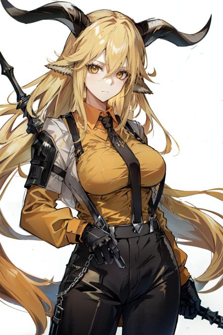 degenbrecher(arknights), necktie, goat girl, black necktie, looking at viewer, large breasts, horns, weapon, hair between eyes, goat horns, suspenders, animal ears, pants, solo, 1girl, long sleeves, white background, long hair, closed mouth, blonde hair, very long hair, black pants, black gloves, yellow eyes, collared shirt, orange shirt, goat ears, simple background, cowboy shot, shirt<lora:degenbrecher:0.7>