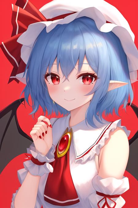 masterpiece, best quality, highres, solo, {remilia_scarlet_touhou:1.10}, red_eyes, short_hair, bat_wings, wings, ribbon, hat, blue_hair, mob_cap, hat_ribbon, hair_between_eyes, smile, red_ribbon, bangs, bow, 1girl, looking_at_viewer, puffy_short_sleeves, puffy_sleeves, short_sleeves, upper_body, wrist_cuffs, ascot, dress, frilled_shirt_collar, frills, red_ascot, hand_up, white_background, white_dress, white_headwear, brooch, jewelry, nail_polish, red_nails, simple_background