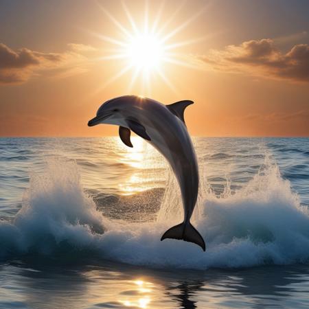 Dolphin jumping over sea water, sun halo background, very realistic photography