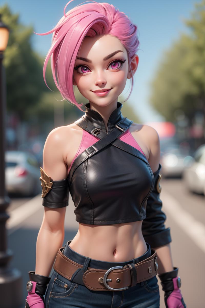 Pink-Haired Anime Character in a Black Leather Outfit Posing on a Street with Cars in the Background.