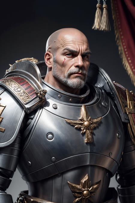 Photo of kaldor, gk, full armor, terminator armor, full metal armor, wearing intricate ornamented metal armor, stern face, facial hair, old,
solo, (male:1.2), epic, full metal armor, silver armor, white pelvic curtain, bronze trimmings, tall stature, muscular, blue pupils, bald,  manly, facial scar,,
((upper body:1.3)) focus, close-up,
<lora:tool - add_detail:1>   <lora:Grey Knights MK1 by CARAXES:0.7>