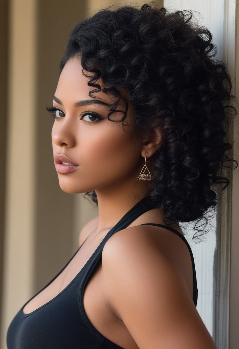 One woman, ((solo)), beautiful, her sexy, sleazy, half latina, half African American,  (latina:0.5), (African American:0.5), mixed Latina and black beauty. The selfie captures her streetwise charisma, with her deep, smoldering eyes framed by thick lashes, and a sly, sensual smile that hints at all the wicked things she's capable of. Her dark, curly hair is pulled back into a messy bun, while a few rebellious curls frame her face. She wears a skimpy black crop top and low-slung, tight black pants, both just barely containing her ample assets. Her tattoos peek out from under her clothing, adding a layer of grit and edge to her allure. She stares back at the camera, daring you to come and get her, her eagerness to explore her darkest desires and to bring you to new heights of ecstasy clear in her expression.