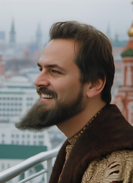 Portrait photo, Ivan , standing on a balcony, beard, (smile:1.2), long distance view, Moscow city, (highly detailed, smooth, sharp focus), <lora:ivangrozny:0.7>