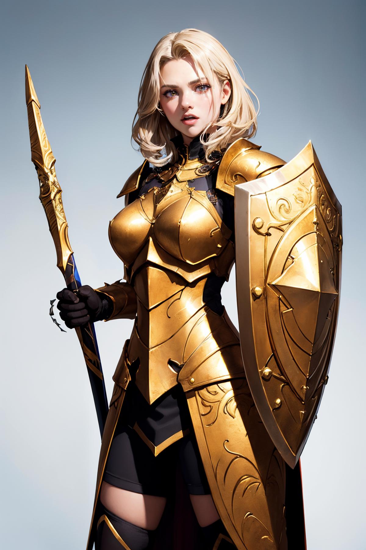 A woman in a golden armor holding a sword.