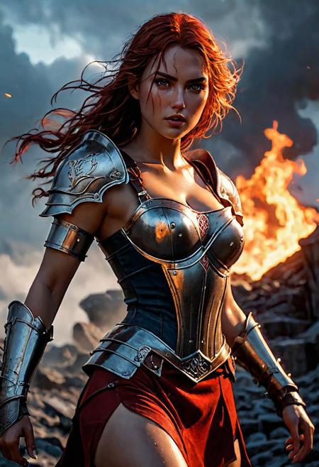 High resolution ultra-realistic of Beautiful Warrior girl, 8k, capturing the intensity of the moment, cinematic lighting, standing on a bloody and stormy battlefield in bloody battle, wavy red hair, realistic dirty pale face, realistic dark brown eyes,  beautiful hourglass figure, burning in a medieval Town, intricately designed iron and silver armor, red mini skirt, LOTR Aesthetic, perfect athletic figure, beautiful Warrior girl, fire, ultra realistic, cinematic style, vigorous and seductive, athletic figure, dark fantasy, dramatic lighting, wet and sweaty skin, dirty skin, athletic figure, dark fantasy, dramatic lighting, Greg Rutkowski style,, Warrior girl on in iron armor, hyper-detailed, hyper-realistic, bright colours, Attractive 21 old years girl, Attractive, beautiful firm Breasts, sharp focus, digital painting, Photograph Taken on Nikon D750, Alphonse Mucha, 8K, athletic figure, Hyperdetailed, hyperrealism, Attractive, Attractive bust girl, asymmetric balance