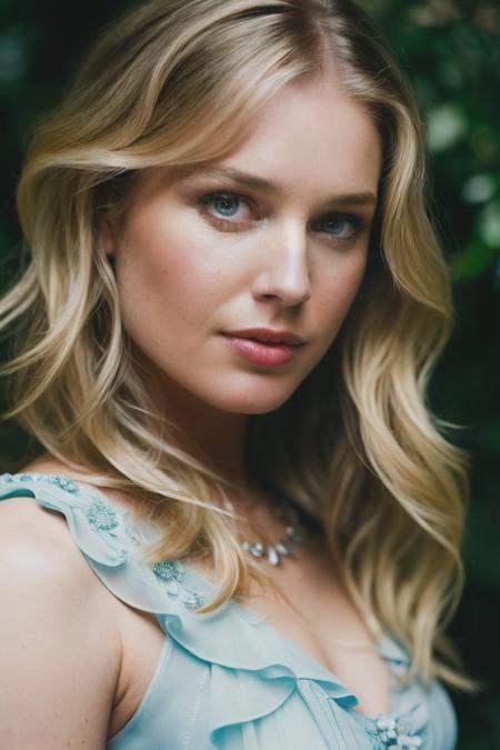 photoshoot of rrs, (blonde hair), (wavy long hair , detailed skin texture, (blush:0.2), (goosebumps:0.3), (light blue dress), subsurface scattering, Photorealistic, Hyperrealistic, Hyperdetailed, analog style, hip cocked, demure, detailed skin, matte skin, soft lighting, subsurface scattering, realistic, heavy shadow, masterpiece, best quality, ultra realistic, 8k, golden ratio, Intricate, High Detail, film photography, soft focus,<lyco:RebeccaRomijn-RealVision-V1.0:1.0>