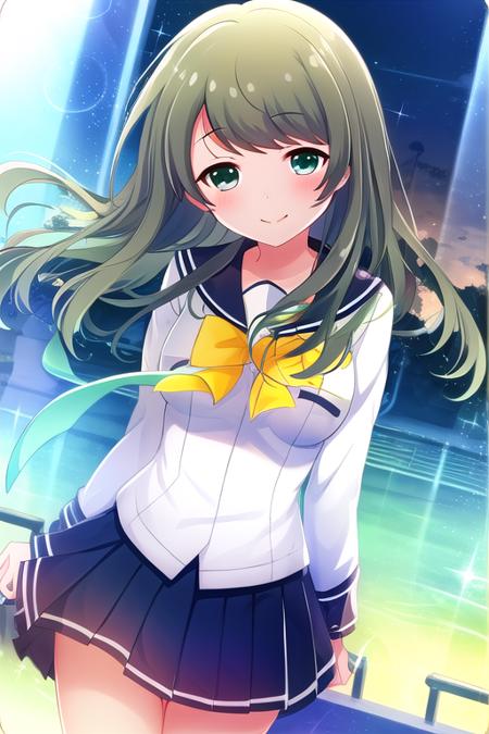 masterpiece, best quality, highly detailed background, perfect lightingbest quality, <lora:Tokiwa-Kurumi:1>, green hair, long hair, swept bangs, green eyes, breasts, serafuku, yellow bowtie, long sleeves, blue skirt school uniform, smile.