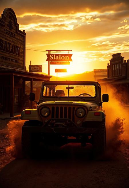 A dusty vintage off-road vehicle driving into an old western cowboy town during sunset, cinematic angle, golden sunlight through the dust, saloon on the left, old bank on the right, wooden buildings, dramatic western atmosphere, ultra-realistic, 35mm film look, wind blowing signs, moody sky
Negative Prompt
blurry, lowres, overexposed, cartoon, watermark, distortion, unrealistic reflections, text, logo, disfigured vehicle