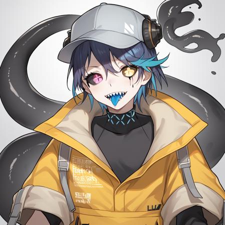 asbestos_arknights short hair, blue hair, sharp teeth, colored tongue,hair over one eye, eyepatch, lizard tail, yellow jacket, black bodysuit, sneakers, white baseball cap,  