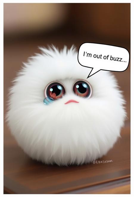A cute fluffy white creature, round, with a tear coming out of his eyes, a reflection of an open hand on his eyeballs, with a text in a bubble coming from the creature that says: "I'm out of buzz...". The bubble comes from the top of his head, as if it is speaking