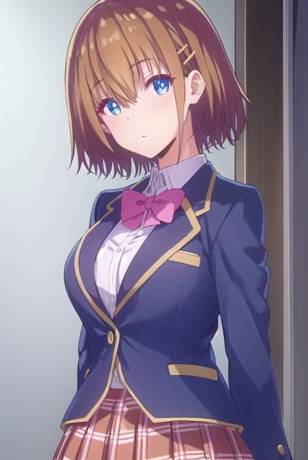 mizuhakiryuu, <lora:mizuha kiryuu s1-lora-nochekaiser:1>,
mizuha kiryuu, short hair, blue eyes, brown hair, hair ornament, hairclip,
BREAK skirt, bow, school uniform, jacket, plaid, plaid skirt, blazer,
BREAK indoors, classroom,
BREAK looking at viewer,
BREAK <lyco:GoodHands-beta2:1>, (masterpiece:1.2), best quality, high resolution, unity 8k wallpaper, (illustration:0.8), (beautiful detailed eyes:1.6), extremely detailed face, perfect lighting, extremely detailed CG, (perfect hands, perfect anatomy),