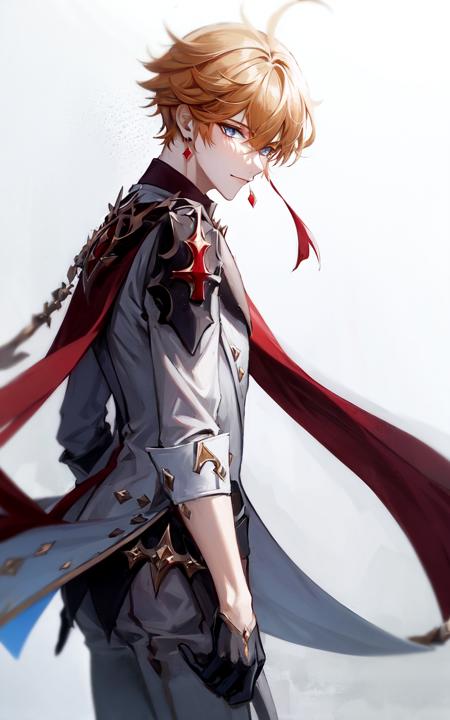 1boy, solo, orange hair, short hair, mask on head, red mask, grey coat, mask, red scarf, single red earrings, tartaglia \(genshin impact\), blue eyes, ruby on scarf, detail, super ditail skin,  stand, half gloves,look from side, look at you, grey pants, 
masterpiece, best quality,<lora:tartagliav5:0.75>, white background,, masterpiece, best quality,