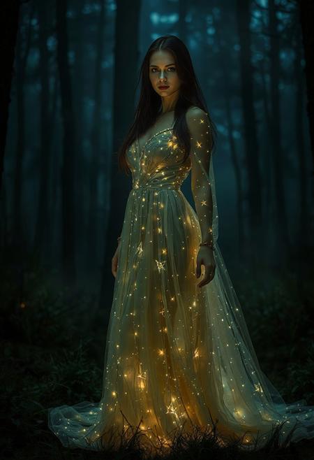 Fantasy portrait of a woman wearing a luminous, star-studded dress in a mystical forest at night. The dress should be long and flowy, with tiny lights embedded in the fabric, creating a magical effect. The forest should be dark and atmospheric, with tall trees and a hazy mist. The woman should have long, dark hair and a captivating gaze. Emphasize the contrast between the glowing dress and the dark forest.
