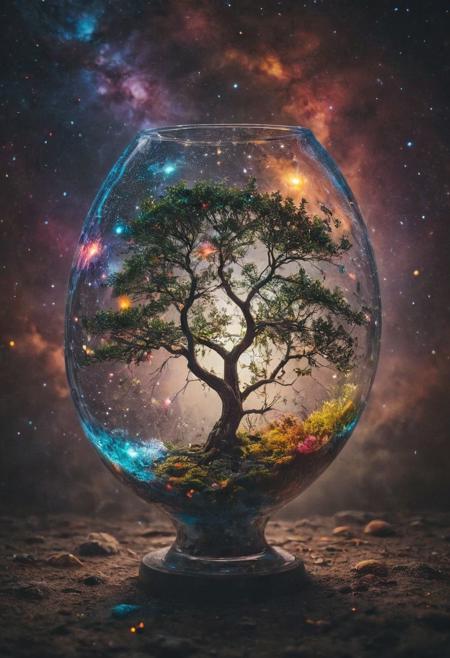 What if there was a solar system inside a large glass vase emanating the bright colors of the galaxy and a incredible tree full of stars around it came out of the vase?
Wide range of colors., Dramatic,Dynamic,Cinematic,Sharp details
Insane quality. Insane resolution. Insane details. Masterpiece. 32k resolution.
<lora:add-detail-xl:0.95> <lora:dvr-lnds-sdxl:0.3> dvr-lnds-sdxl <lora:MJ52:0.25> <lora:ral-apoctvisn-sdxl:0.3> ral-apoctvisn <lora:zavy-cntrst-sdxl:0.35> dark, chiaroscuro, low-key <lora:zavy-rmlght-sdxl:0.41> zavy-rmlght <lora:SDXLFaeTastic2400:0.225>