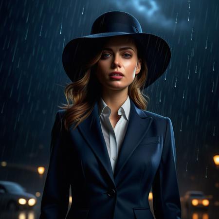 Ultra realistic color pencil  image of a woman in a business suit with a wide brimmed hat, standing in a torrential rain.
BREAK
Deep dark intense midnight blue misty background, Dark theme, dynamic lighting, (soft shadows), (soft focus), (photo realistic), uhd, 8k